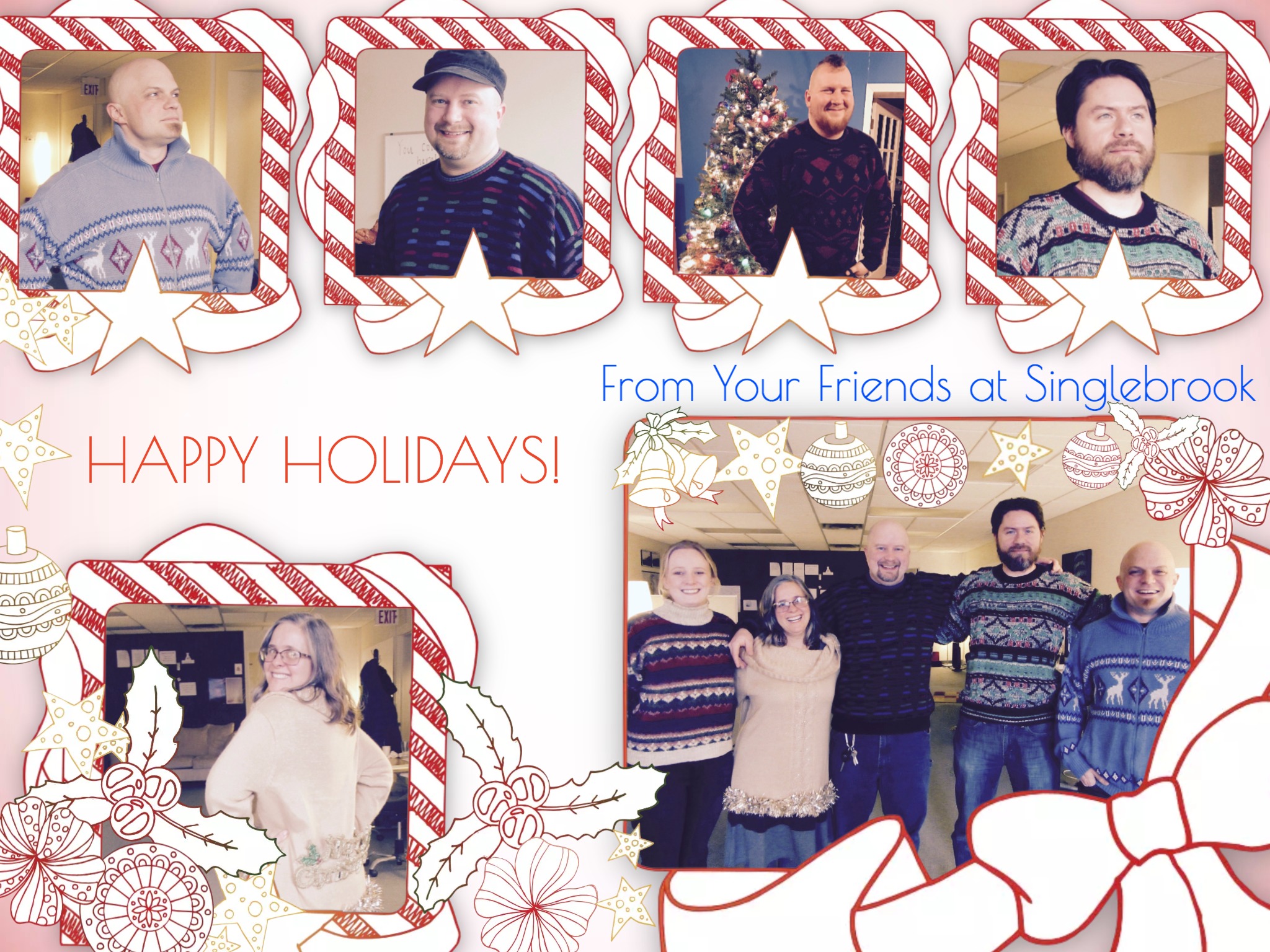 Holiday collage featuring our staff in awesome sweaters